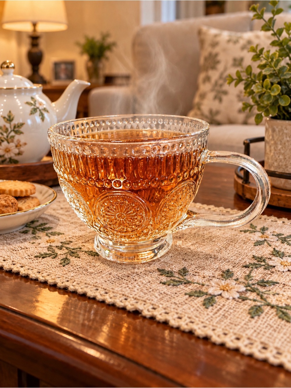 Clear Pressed Glass Tea Cup with Decorative Pattern - Clear